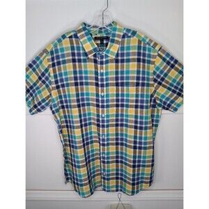 Banana Republic Linen Blend Button Down Shirt XL Blue Yellow Green Plaid S/S EUC